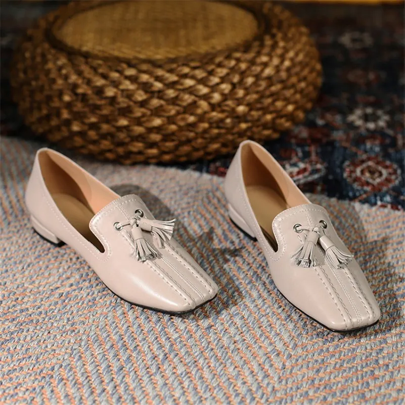 

Meotina Women Shoes Natural Genuine Leather Flats Loafers Shoes Fringe Square Toe Footwear Ladies Casual Shoes Black Big Size 40