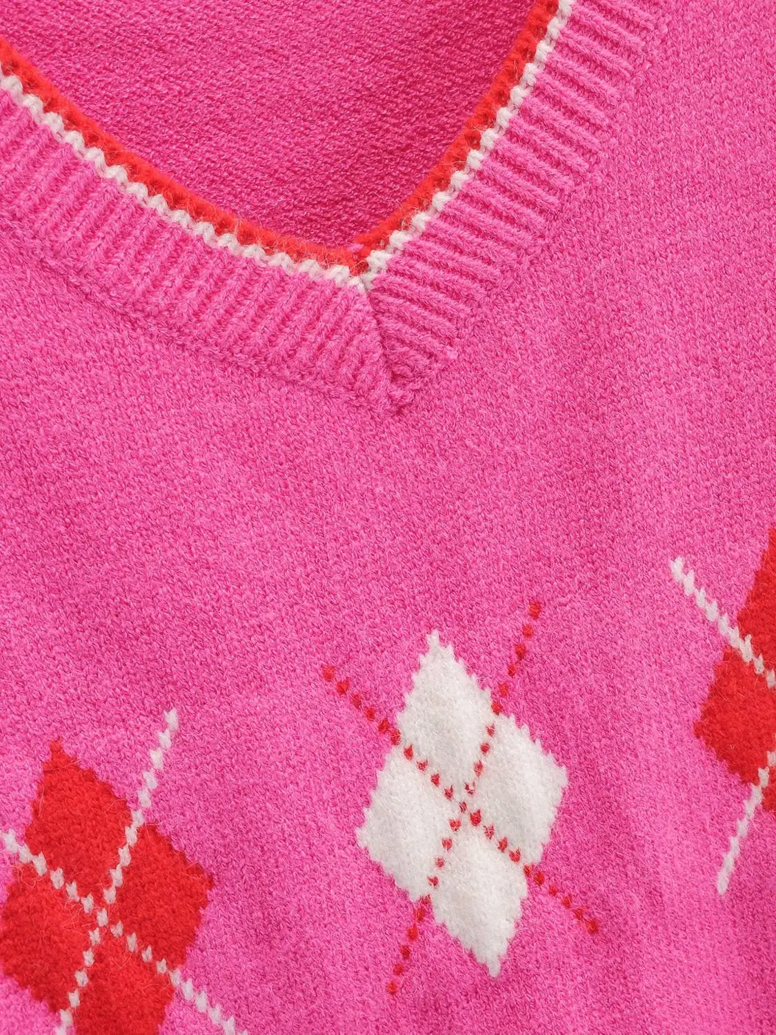 Bazaleas Fashion Rose Pink Sweaters Casual Retro Tartan Knitted Chic Women Sweater Punk V Neck pull femme Pullover | Женская одежда