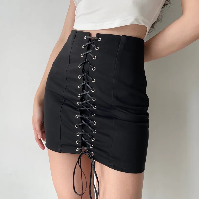 

WOMENGAGA Summer Sexy Skirt Women Fashion Trend Solid Color High Waist Cross Bandage Package Hip Mini Hot Skirts BHYO