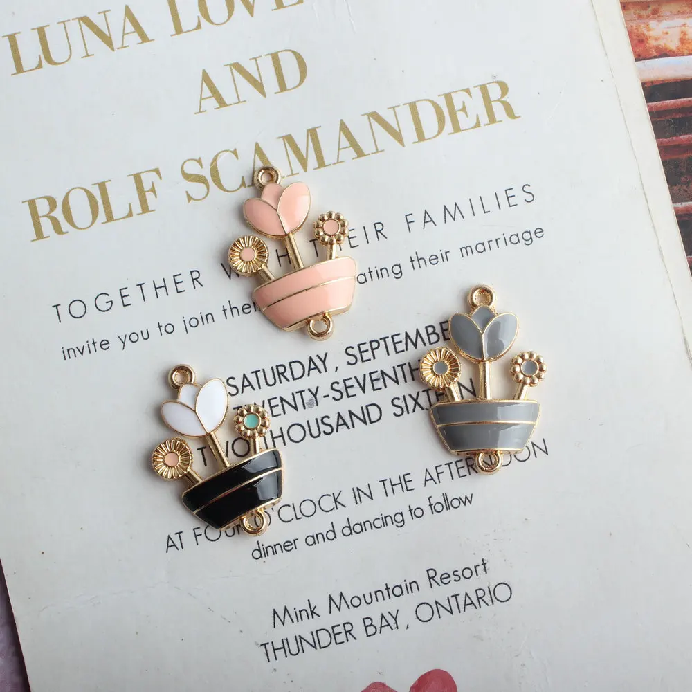 

10pcs Earrings DIY Accessories Potted Flowers Pink Landscape Flower Pendant Earrings Material Enamel Charm