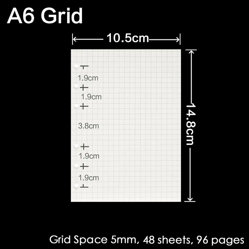 Высокое качество, записная книжка с кольцом A5, A6, A7, вставные заправки, 6 отверстий, вкладыш, дневник на спирали, планировщик, внутреннее ядро, 100 г, бумага - Цвет: Standard A6 Grid
