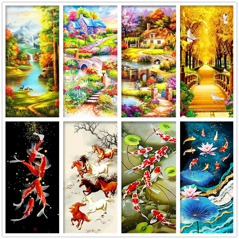 Набор для вышивки из страз 5D сделай сам круглых с мотивом пейзажа рыбьей лошади