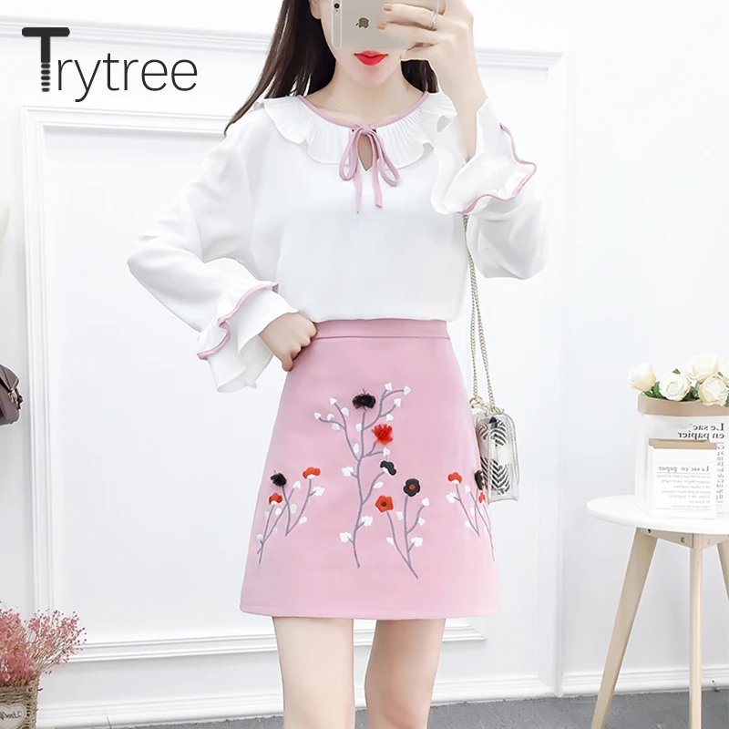 

Trytree 2020 Spring Autumn Women Two Piece Set Casual O-neck Flare Sleeve Tops + Skirt Embroidery Mini Fashion 2 Piece Set