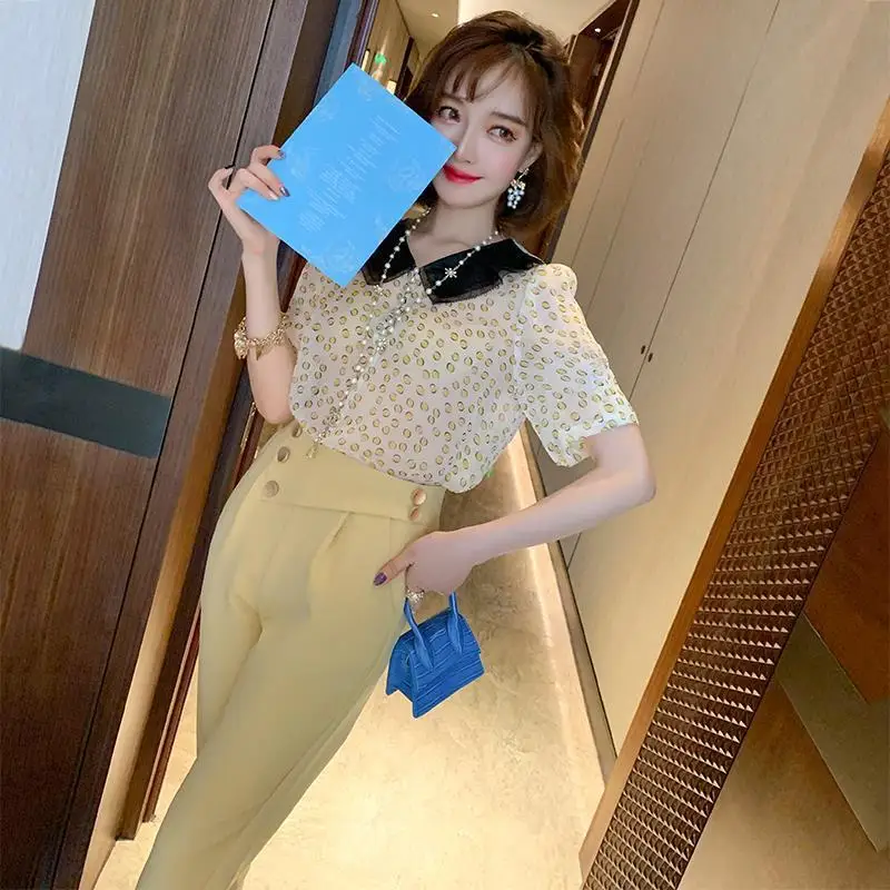 

2021 Female Office Suit Set Lapel Print Shirts Top + Ankle Length Pants Suit Women's Summer Casual Costumes 2 Piece Sets Q158