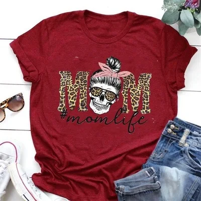 

Leopard Skull Head Mom Life Print Women T Shirt Short Sleeve O Neck Loose Women T Shirt Ladies Fashion Tee Shirt Tops Clothes