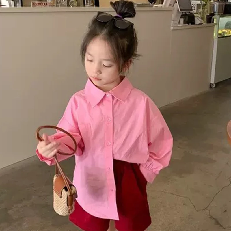 

Новинка весна-осень 2022 Модная рубашка для маленьких девочек Детские рубашки наряд повседневная одежда для малышей розовые фиолетовые блуз...