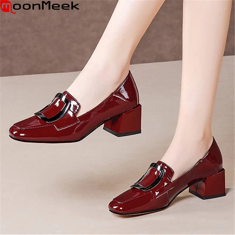 

MoonMeek 2021 High Quality Patent Leather Women Pumps Thick Heels Square Toe Ladies Single Shoes Spring Autumn Office Shoes