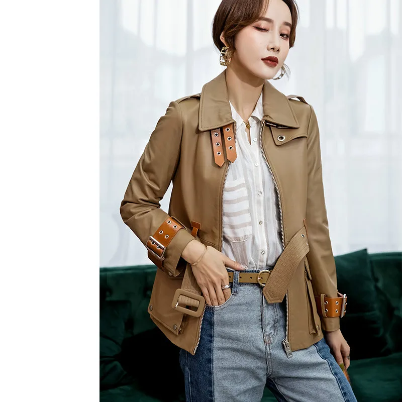 

Streetwear Sheepskin Female 100% Natural Autumn Spring Real Coat Korean Ladies Belt Genuine Leather Jacket Women 11
