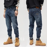 street style fashion men jeans retro blue elastic casual wide leg ripped jeans men embroidery designer hip hop denim harem pants