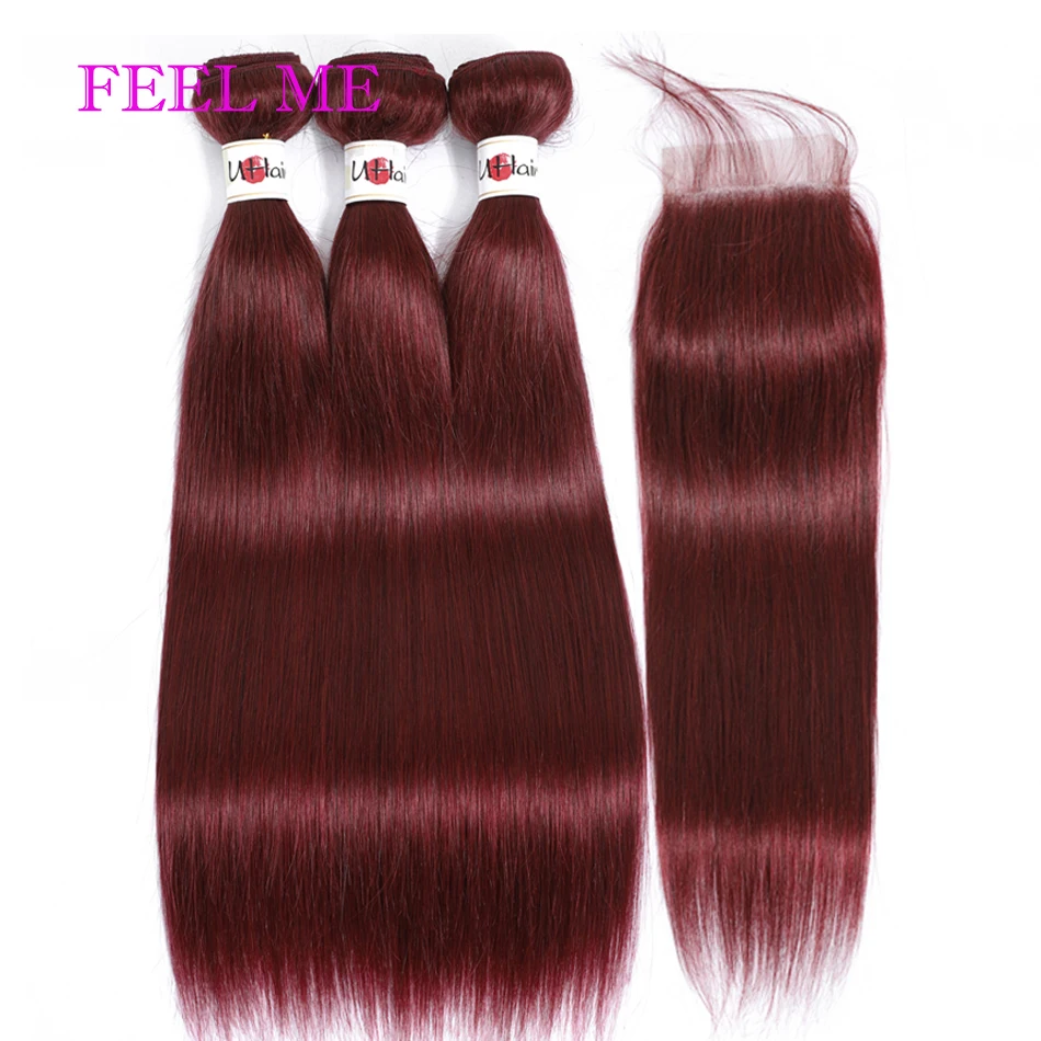 FEEL ME предварительно окрашенные перуанские прямые волосы пучки с закрытием # 99j не