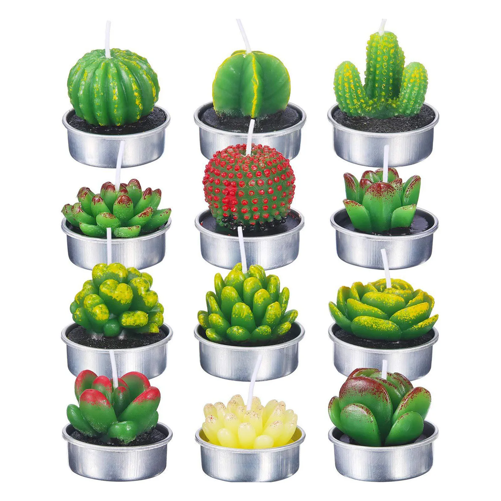 

12PCS Cactus Candles Simulation Succulent Plants Candle Set Valentines Day Rose Flower Tealight Candles For Home Party