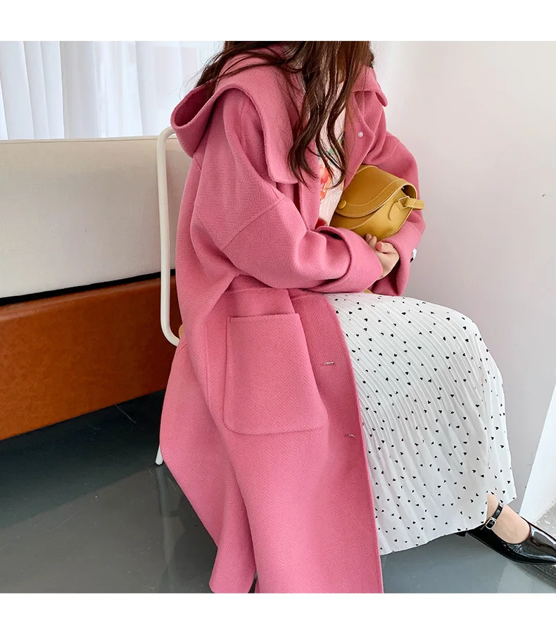 

Женское шерстяное пальто средней длины, свободное однобортное шерстяное пальто с капюшоном и разрезом, зима 2019