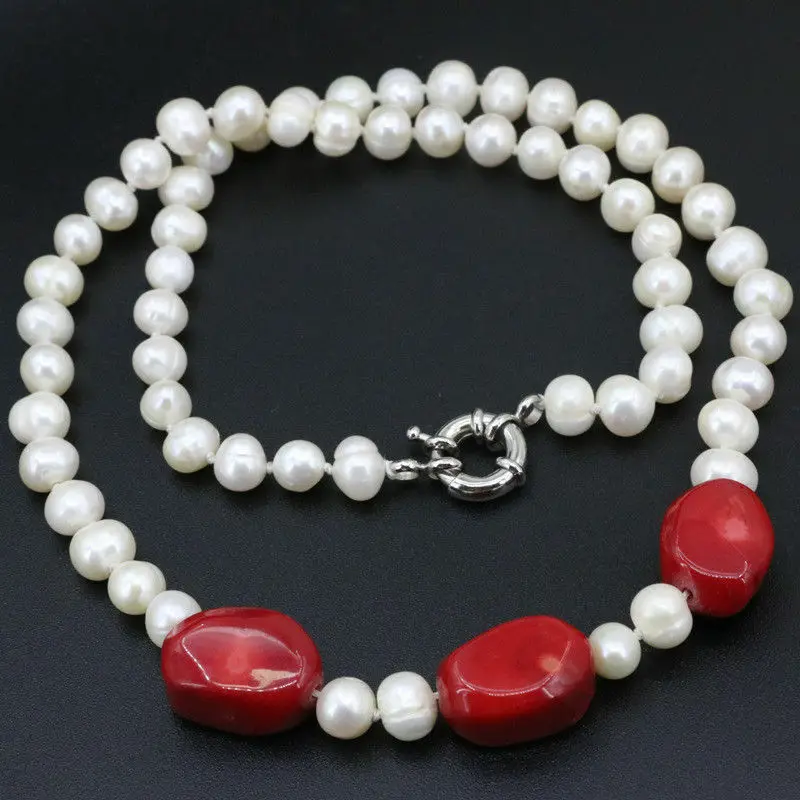 

7-8mm White Natural Freshwater Cultured Pearl+Coral Necklace 18"