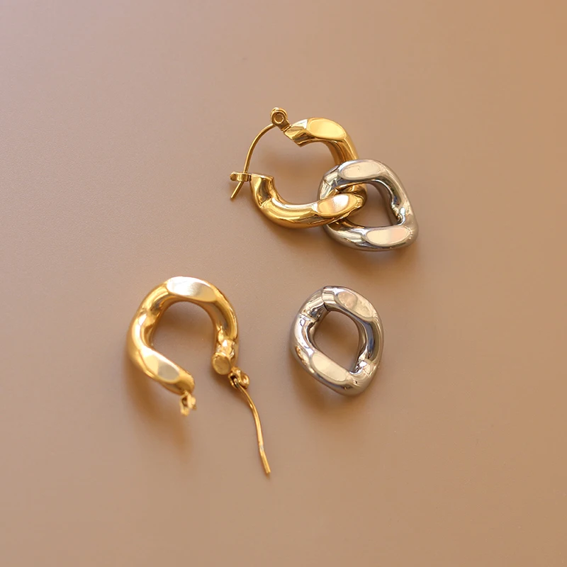

Detachable Stainless Steel Trendy Anti-allergic Tarnish Free Gold Silver Combined Bold Cuban Chain Earrings for Women