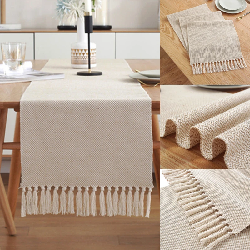 

Decorative Woven Table Runner Pure Color Handmade Tassel Cotton And Linen Tablecloth Home Tea Table Coffee Table Flag