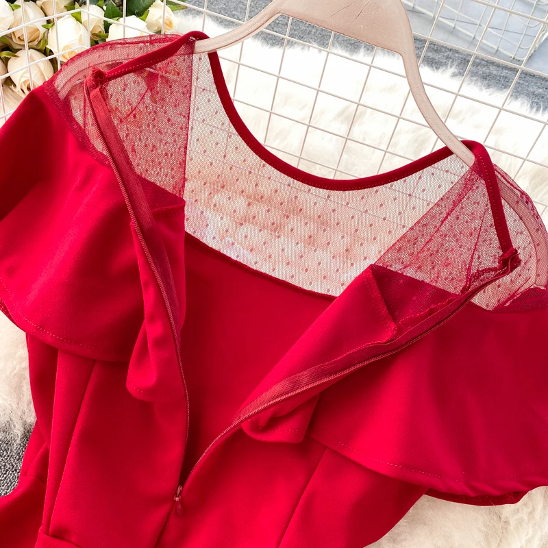 

Spring 2020 Chic Sweet Perspective Mesh Stitching Irregular Ruffle Dress Women Solid Color Sexy Vestidos