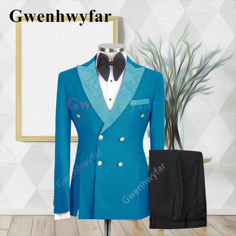

Gwenhwyfar Trendy New Style Wedding Bridegroom Double-breasted Jacquard Collar Suit Casual Tuxedo Fashion Sky Blue 2-piece Suit