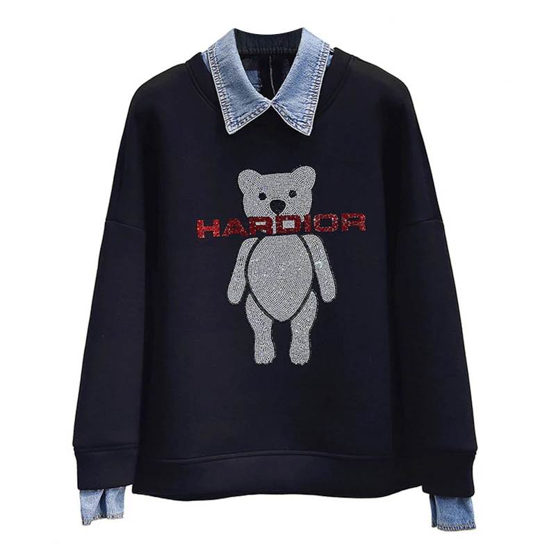 

2020 New Spring Autumn Women Pullovers Tops Loose Hot Drilling Cartoon Letter Faux Two Piece Denim Turn Down Collar Sweatshirts