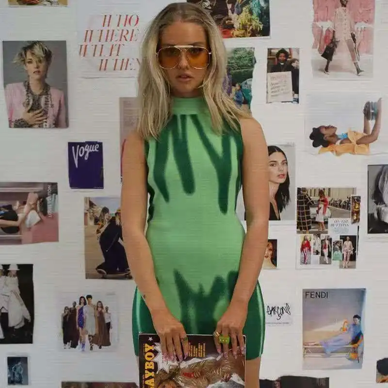 

2021 Knitted Print Mini Dress Bodycon Green Women Stand Neck Bandage Summer Beach Sleeveless Sexy Party Short Dresses Y2K Yuqung