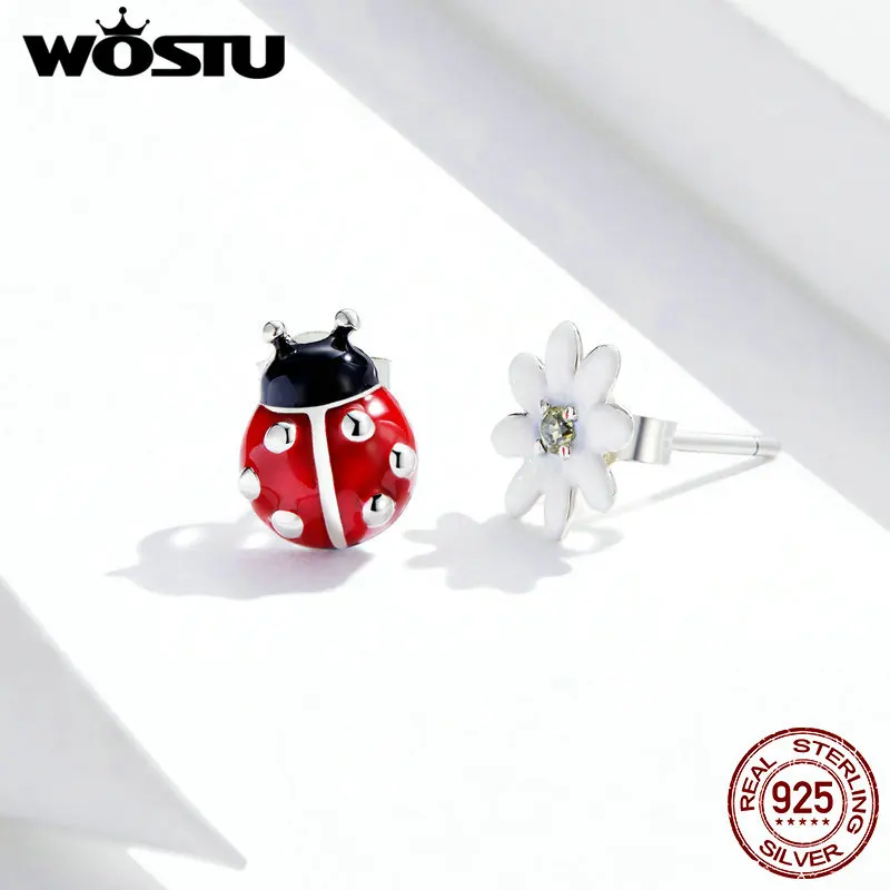 WOSTU 100% Стерлинговое Серебро 925 пробы серьги-гвоздики с божьей коровкой и