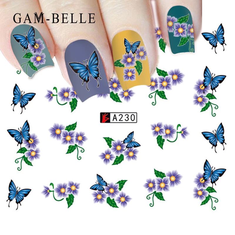 

GAM-BELLE 1pcs Watercolor Floral Flower Sticker Nail Decal Set Bird Butterfly Design Gel Manicure Decor Water Slider Foil