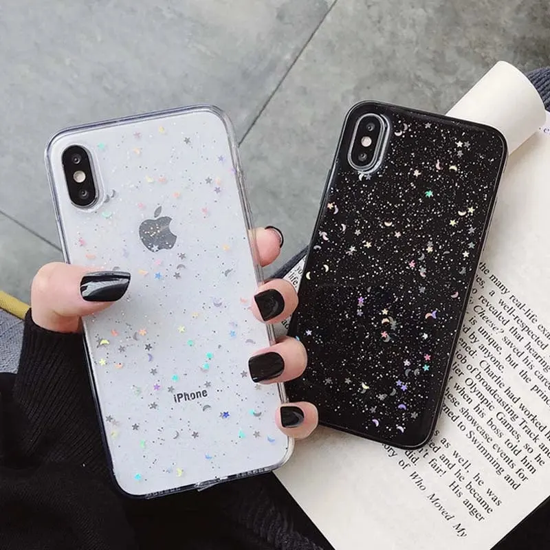 Lovebay Bling Star Glitter Powder Soft Phone Case For iPhone 13 12 11 Pro Max X XR XS 8 7 6 6s  Plus SE 2020 Transparent Back