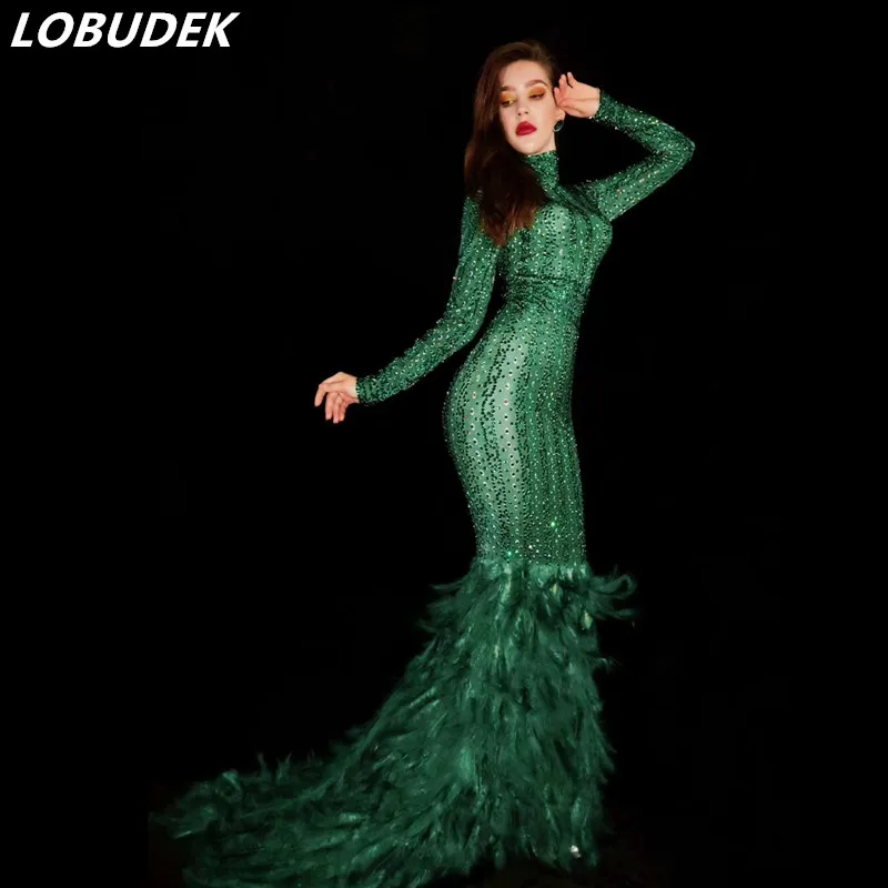 

Christmas Green Rhinestones Feather Trailing Dress Women Birthday Celebration Evening Party Long Dresses Singer Stage Costume
