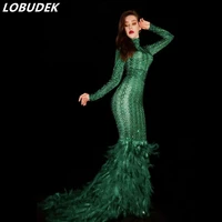 christmas green rhinestones feather trailing dress women birthday celebration evening party long dresses singer stage costume