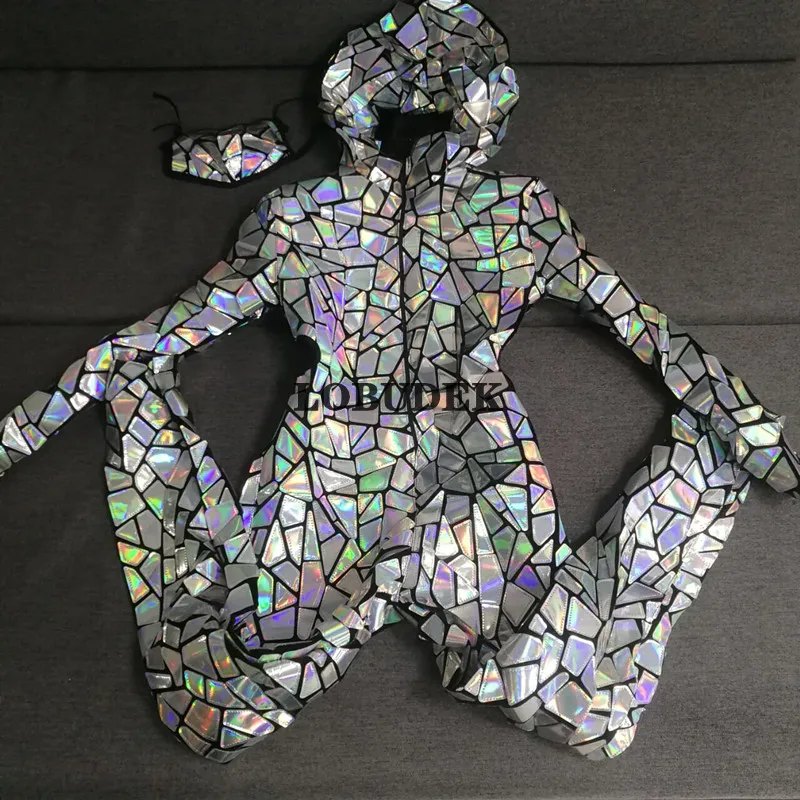 Комбинезон женский серебристый с блестками капюшоном в стиле хип-хоп для