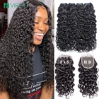 30-дюймовые волнистые пучки с застежкой, пупряди Девы с глубокими вьющимися волнистыми пучками с фронтальной Реми, 4  4, 5  5, 6  6, HD кружевная застежка с пряди