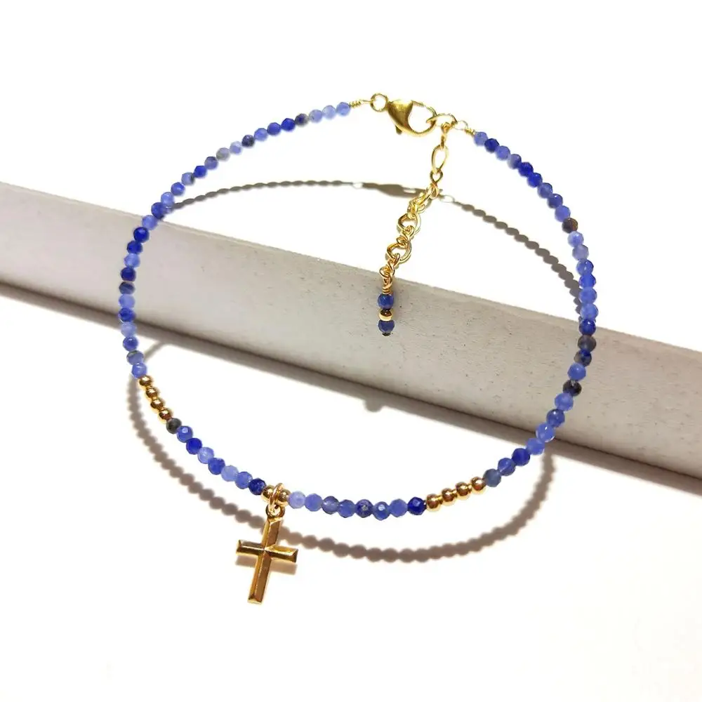 

Браслет Lii Ji со сверкающими синими бусинами-кальдалитом, 2 мм, с шармом-крестом, американский золотой браслет 14 к, 17 + 3 см