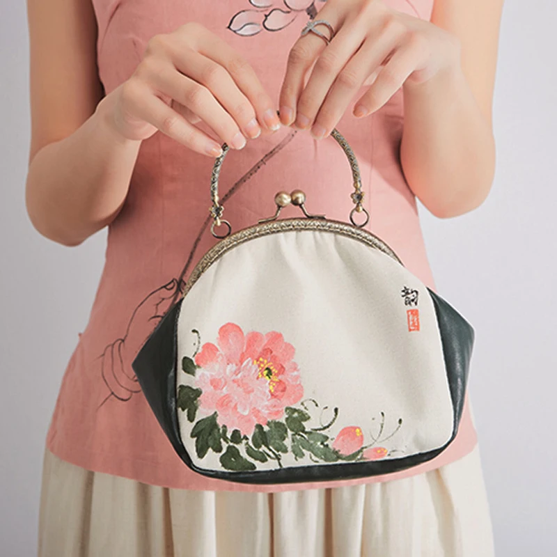 

Women Shoulder Bags Hand Painting Beautiful Flowers PU Chain Shopping Bag Retro Chinese National Style Handbag for Teenager Girl