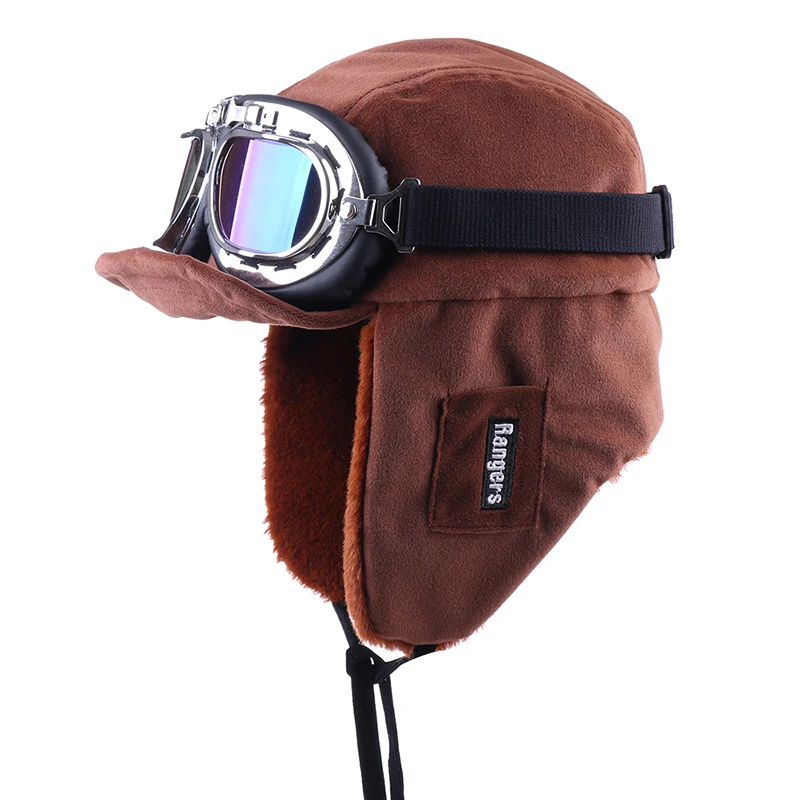 Зимняя куртка-бомбер Шапки Плюшевые Earflap русская ушанка с очки для мужчин женщин's Траппер Авиатор шлем летчика Искусственная кожа меха зимние шапки - Цвет: Coffee-Blue Goggles