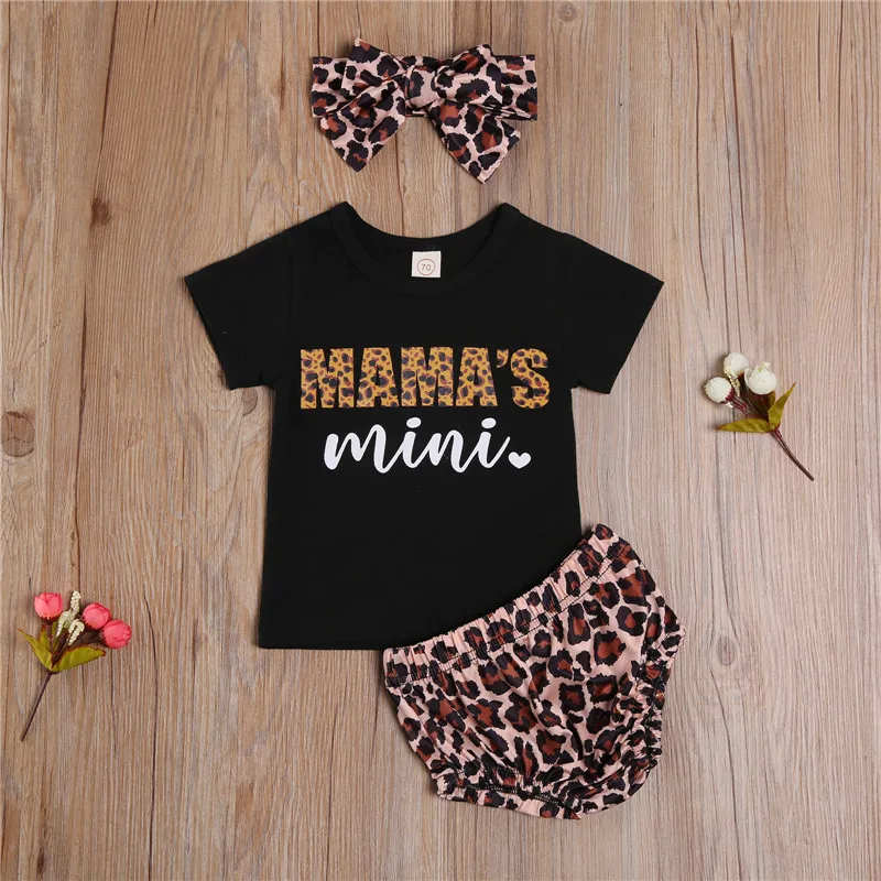

Summer 3 Pcs Newborn Set Casual Letter Print Short Sleeve Round Neck T-shirt Shorts Headband Leopard Outfits Baby Clothing