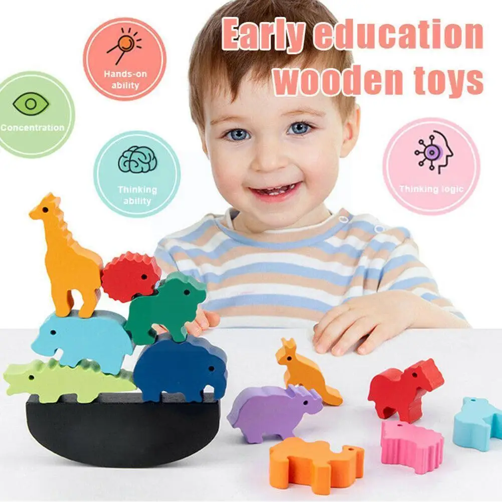 

Детский деревянный игрушечный строительный блок Монтессори, игрушки для игр, красочные Мультяшные Деревянные блоки, балансирующие животны...