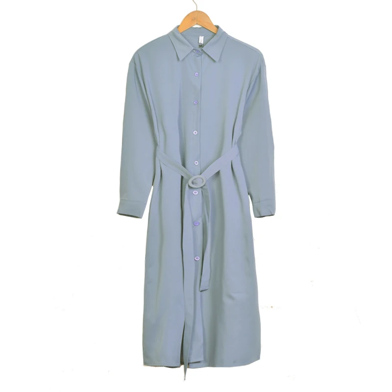 

Spring Solid Turn-Down Collar Long Sleeves A-Line Lady Loose Casual Elegant Single-breasted Dress With Sashes Women D12701X