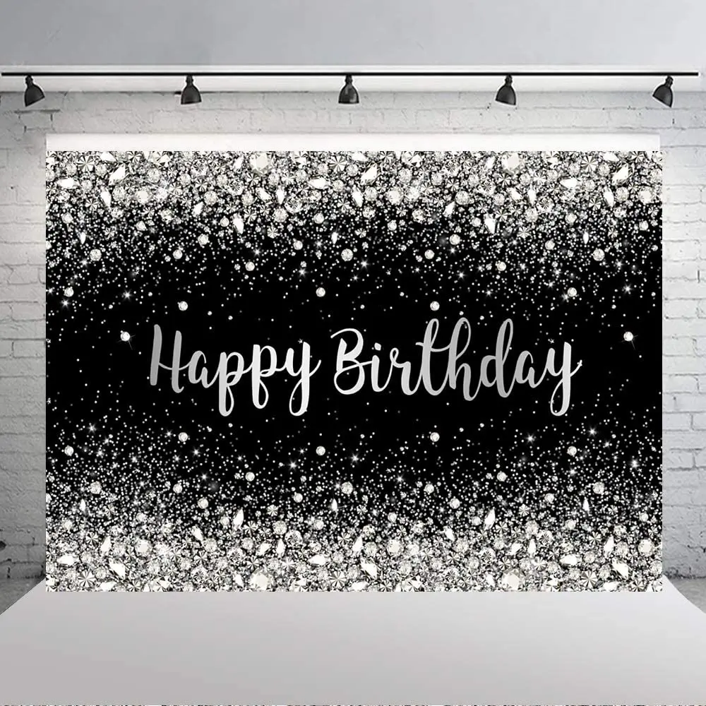 

Black Silver Diamond Birthday Backdrop Women Men 30 40 50 60 Happy Birthday Background for Photography Black Glitter Diamonds