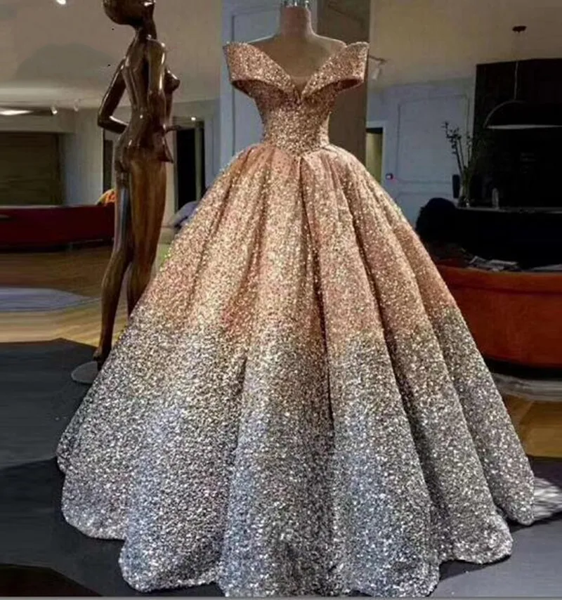 Lebanon Sequined Ball Gown Puffy Prom Dresses 2020 Off Shoulder Dubai Luxury Women Formal Party Evening Gowns Plus Size | Свадьбы и
