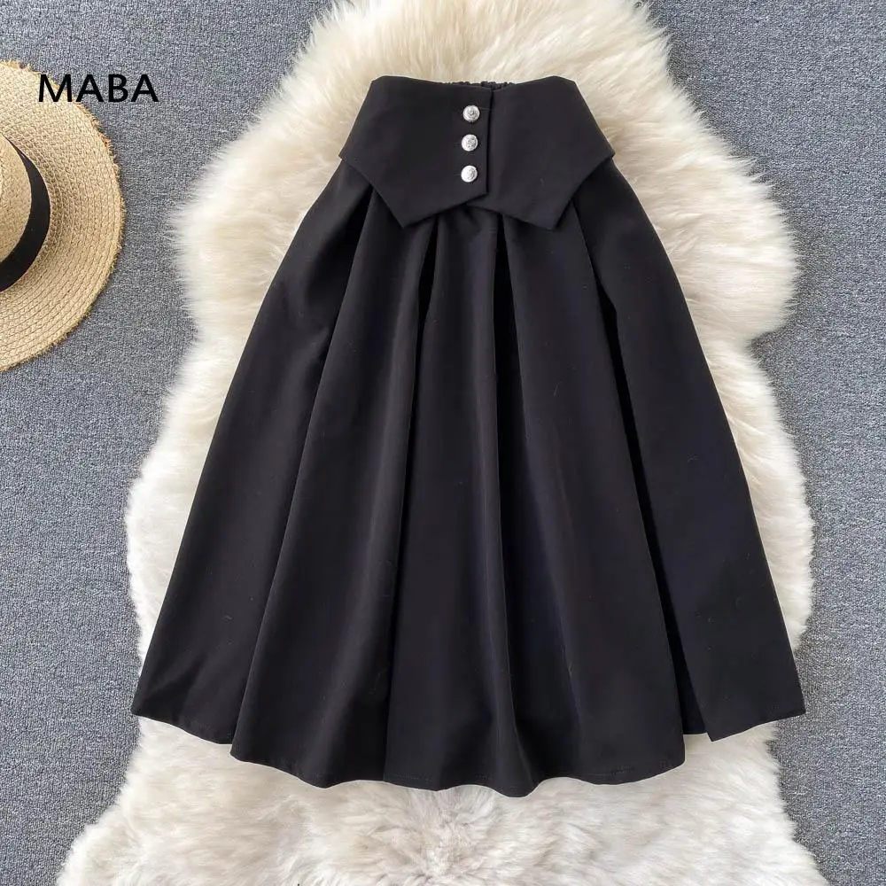 

Черная трапециевидная юбка для женщин, Осень-зима 2021, Женская однотонная большая свободная плиссированная юбка с высокой талией в уличном с...