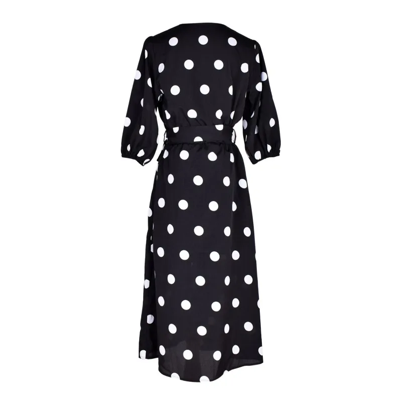 Женское платье в стиле бохо длинное горошек с v-образным вырезом на талии