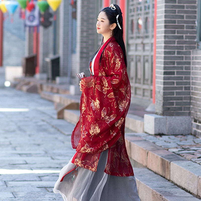 Элегантные красные Hanfu Китайская традиционная Для женщин хлопчатобумажный