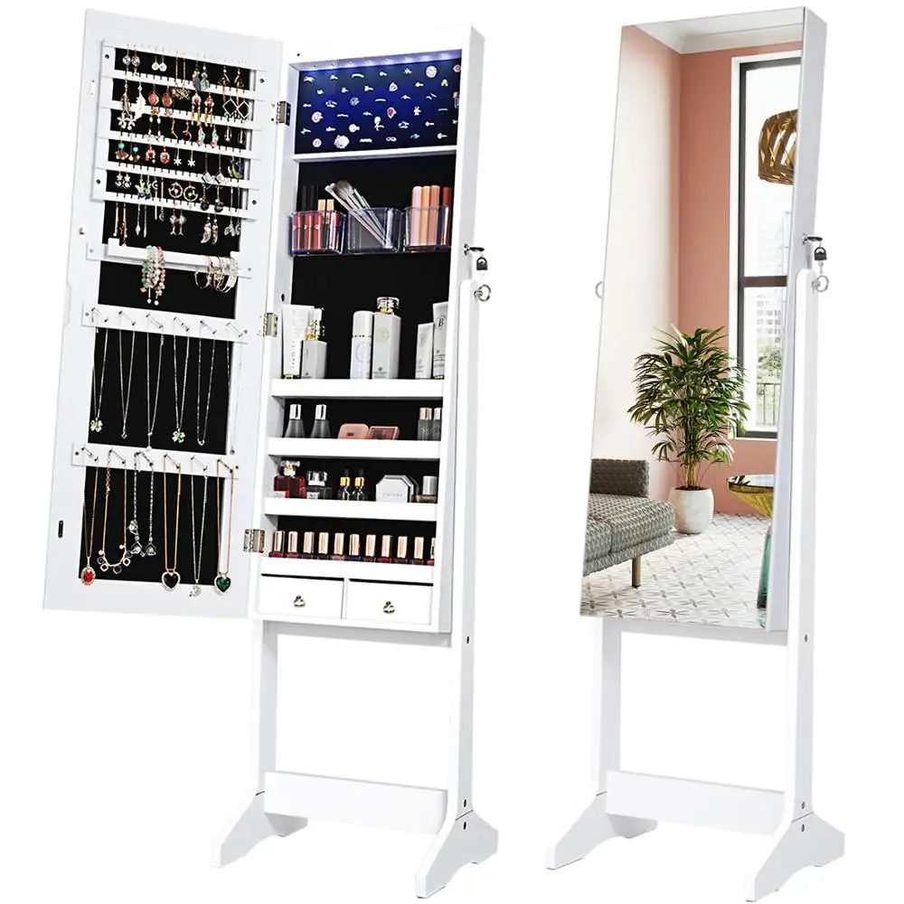 

8 LED Jewelry Organizer Cabinet with Full-Length Body Mirror Wall Door Mounted Jewelry Armoire, Lockable Storage Cabinet