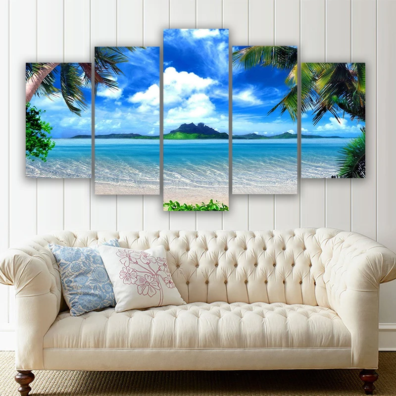 

Frame Decor Room Wall Art 5 Pieces Palm Trees Blue Sky White Cloud Sea Scene Paintings Posters Modular Pictures Canvas HD Prints