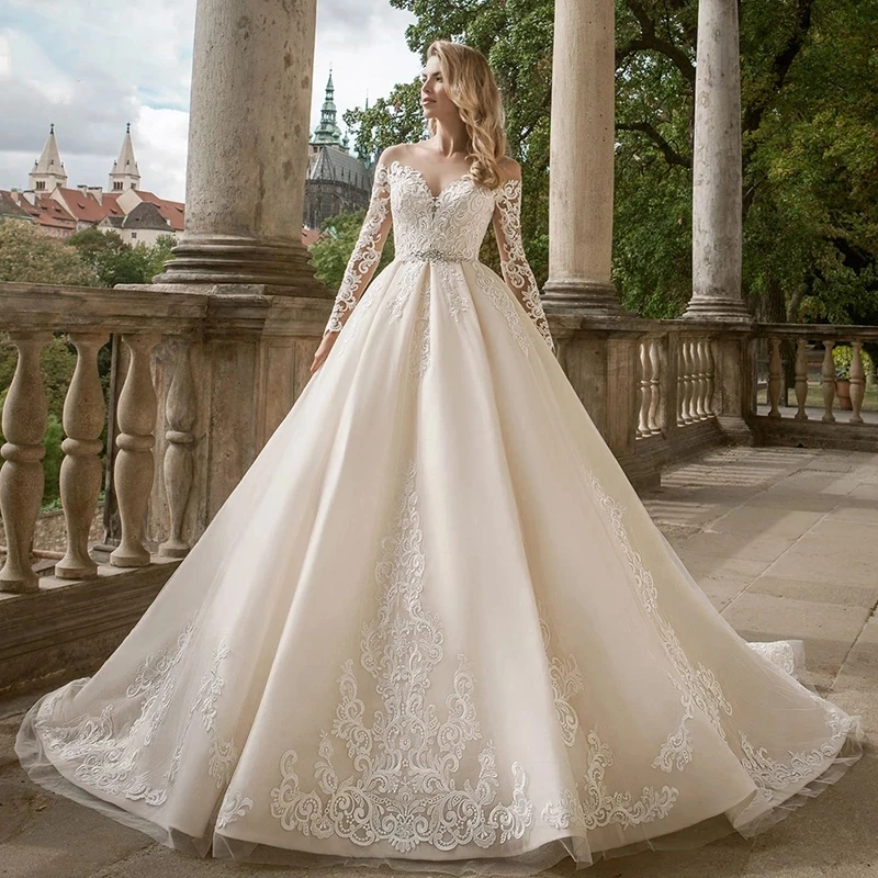 MACDUGAL Wedding Dress 2022 Gorgeous O-Neck Long-Sleeved Lace Applique Sweetheart Diamond Belt Temperament Mopping The Floor lace wedding dress