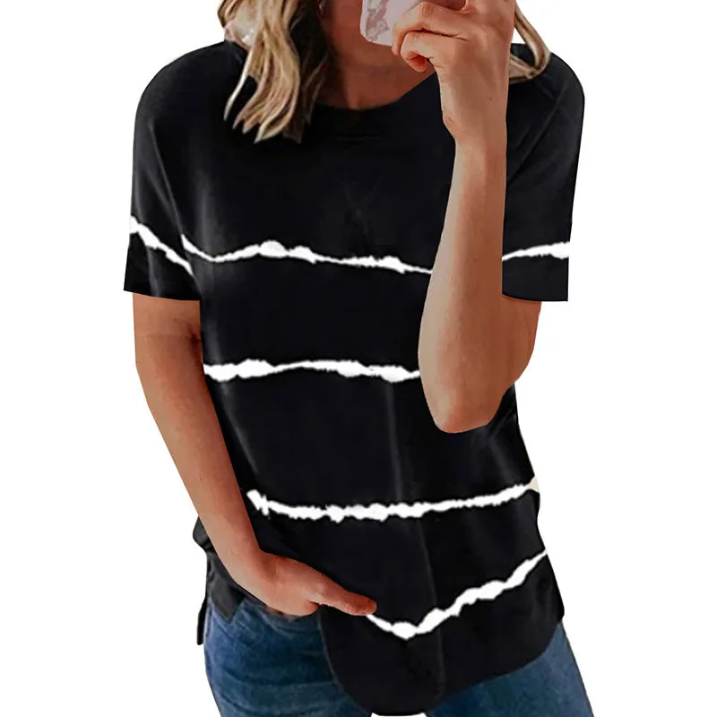 

2021 spring and summer new short sleeve T-shirt women's stripe pattern loose round neck women's top