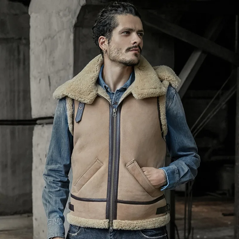 Жилет мужской из натуральной овечьей кожи куртка без рукавов меховая верхняя