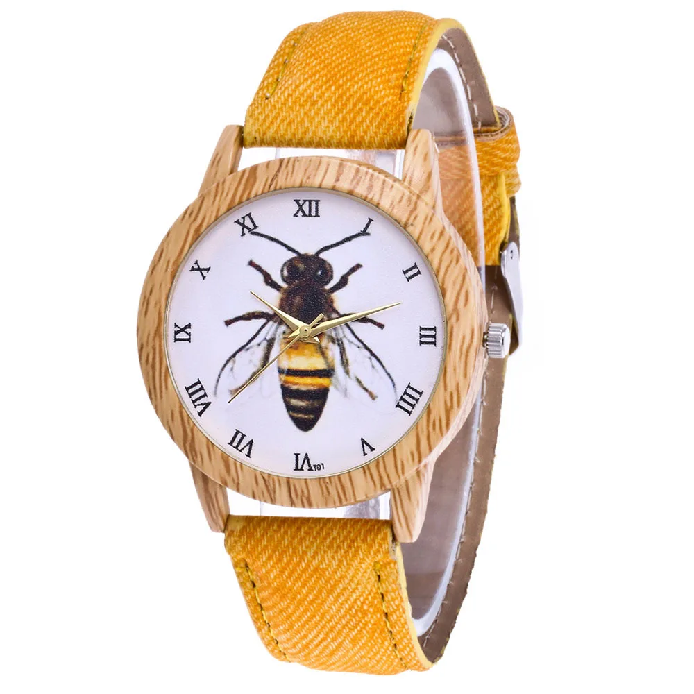 

Fashion Children Quartz Watch Women Pink Canvas Strap Cartoon Bee Pattern Imitation Wood Alloy Dial Kids Watches Girl Gift T01-N