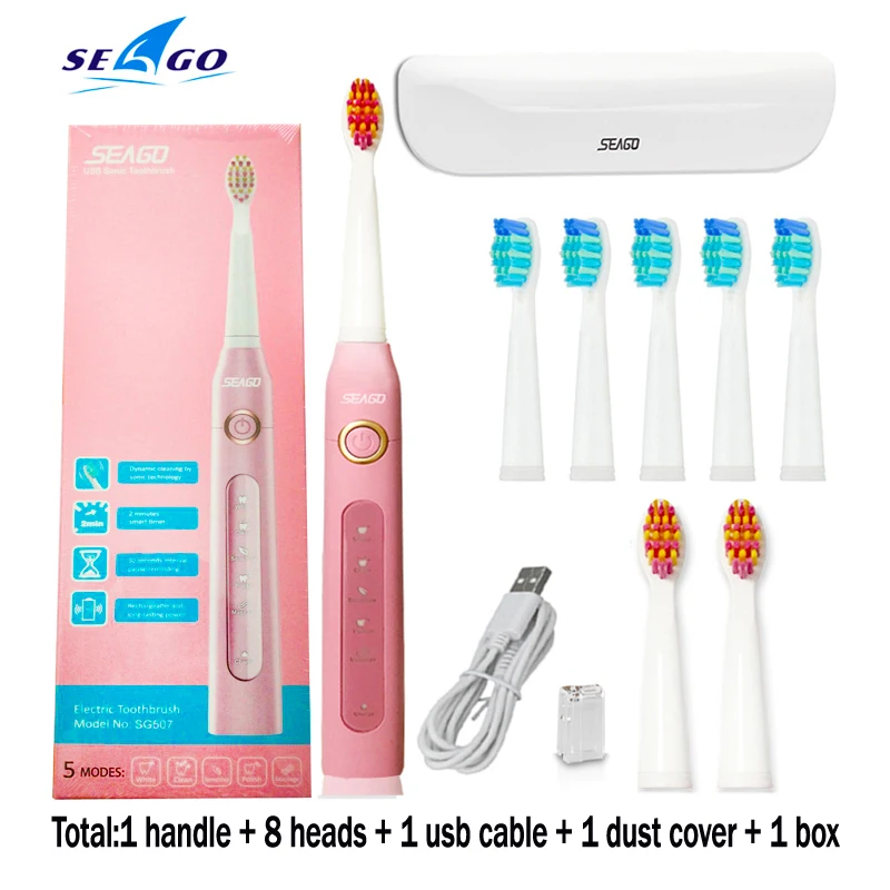 pink (wt with box ) Звуковая электрическая зубная щетка SG-507 для взрослых с таймером отбеливающая щетка для зубов 5 режимов USB перезаряжаемые сменные головки зубных щеток подарок - Цвет: pink (wt with box )