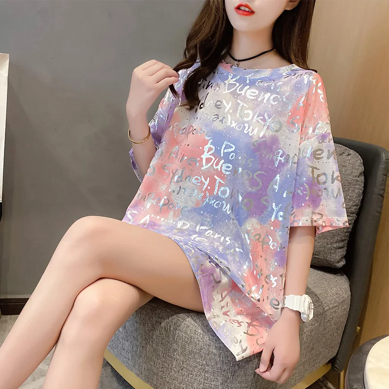 Футболка большого размера с сияющими буквами топы футболки 2021 летняя Женская