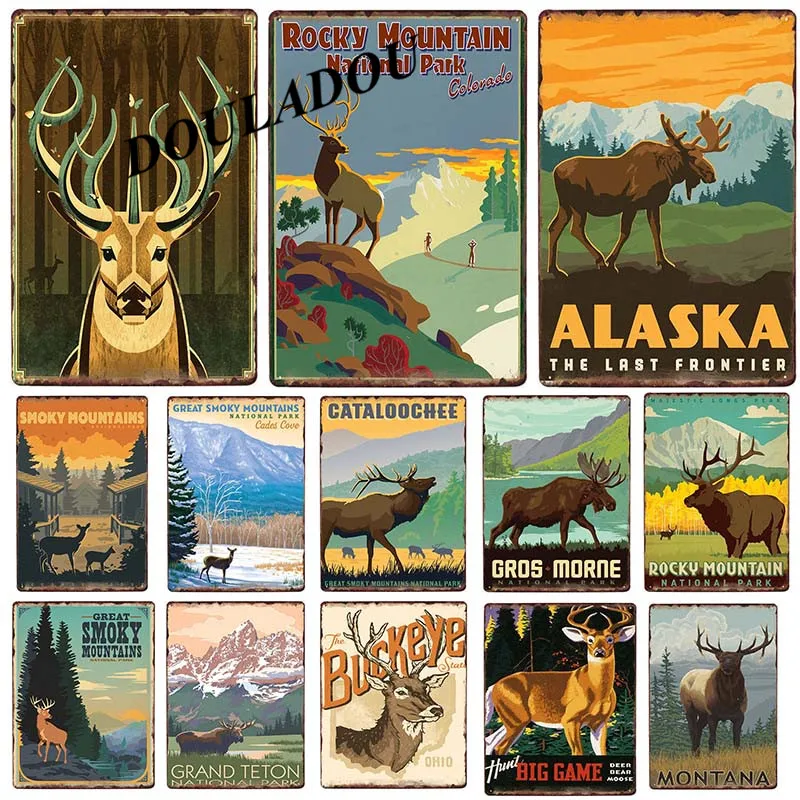 

[Douladou]Wapiti Deer Tin Sign Vintage Style Poster Retro Art Sticker Wall Sticker Tin Sign Wall Artwork Metal Picture20x30CM